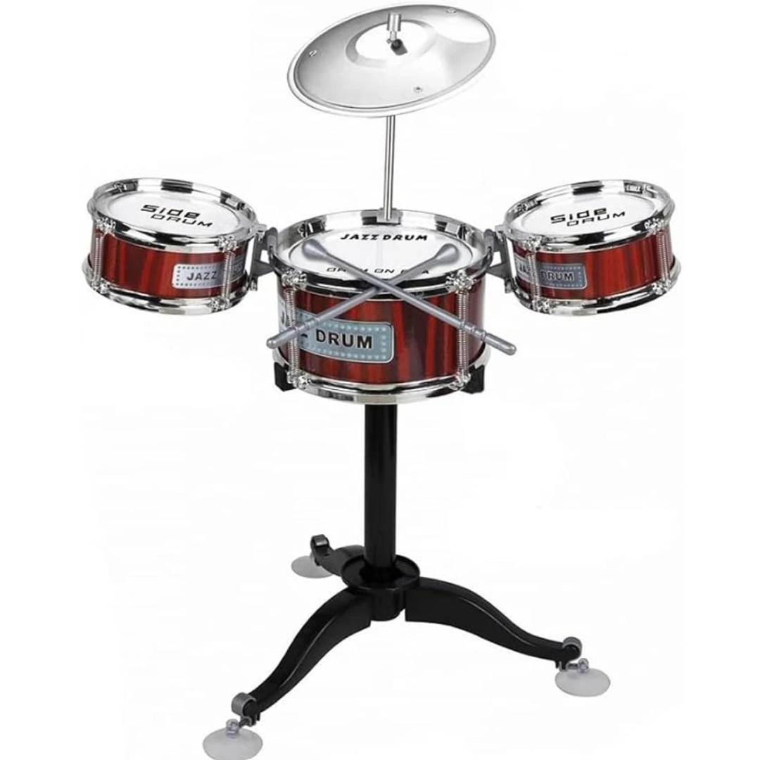 Children's drum set with three drums and a stand on a white background